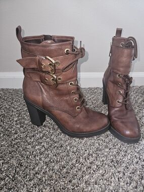 GUESS Brown Leather Lace-Up Heeled Combat Boots - Size 8.5M